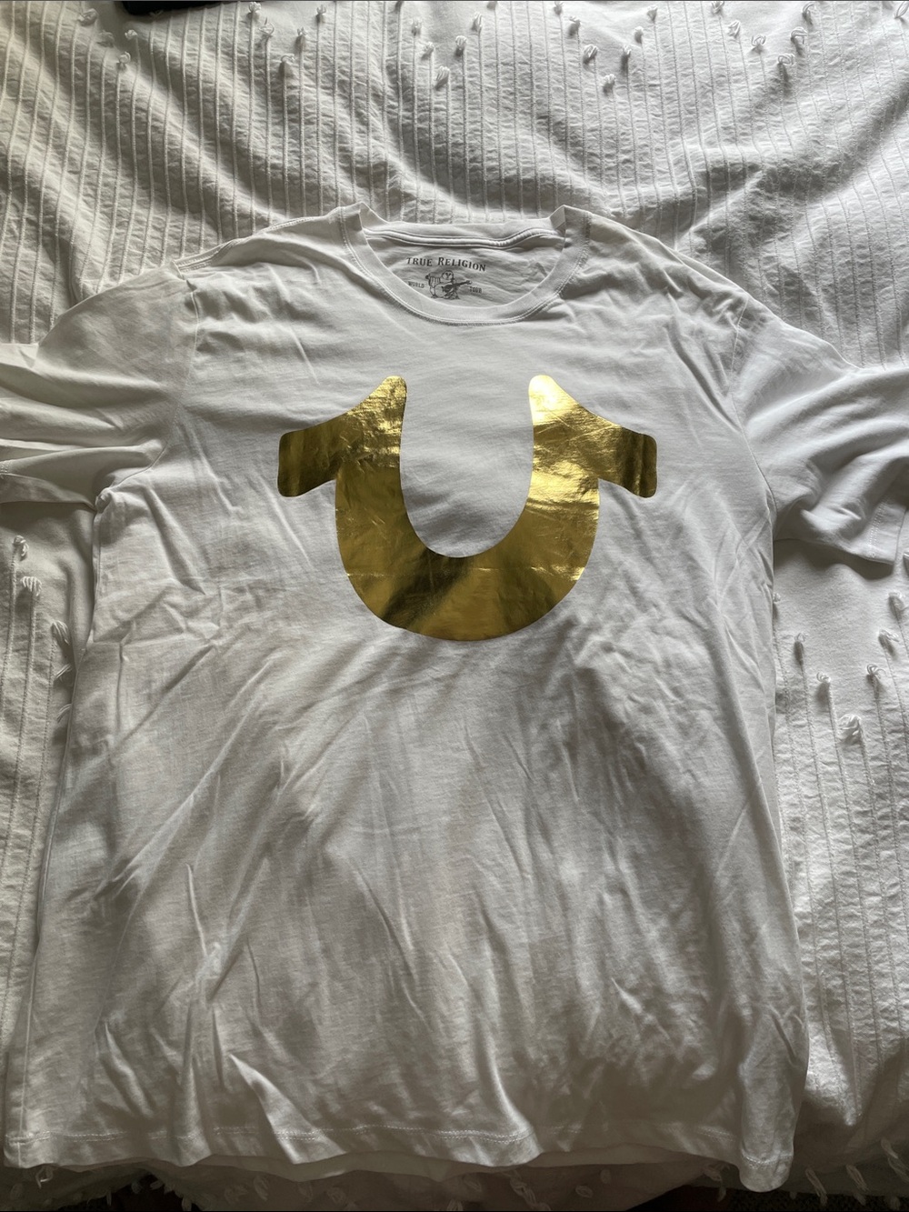 True Religion White T-Shirt with Gold Foil Horseshoe